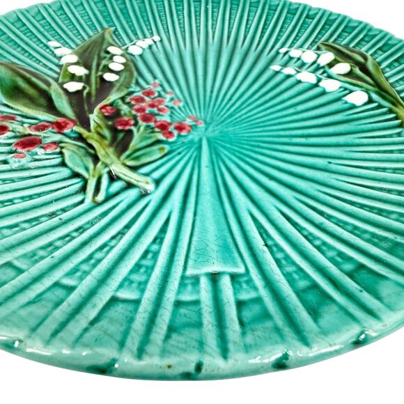 vintage German Majolica green Lily of the Valley 11.5" round Platter plate - Picture 4 of 10